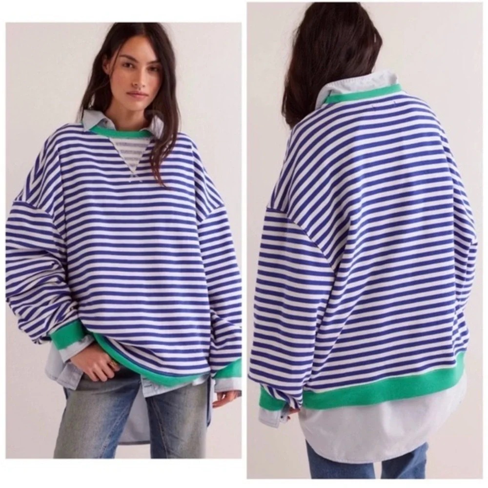 FREE PEOPLE Classic Striped Oversized Crewneck / Sand Dollar Combo